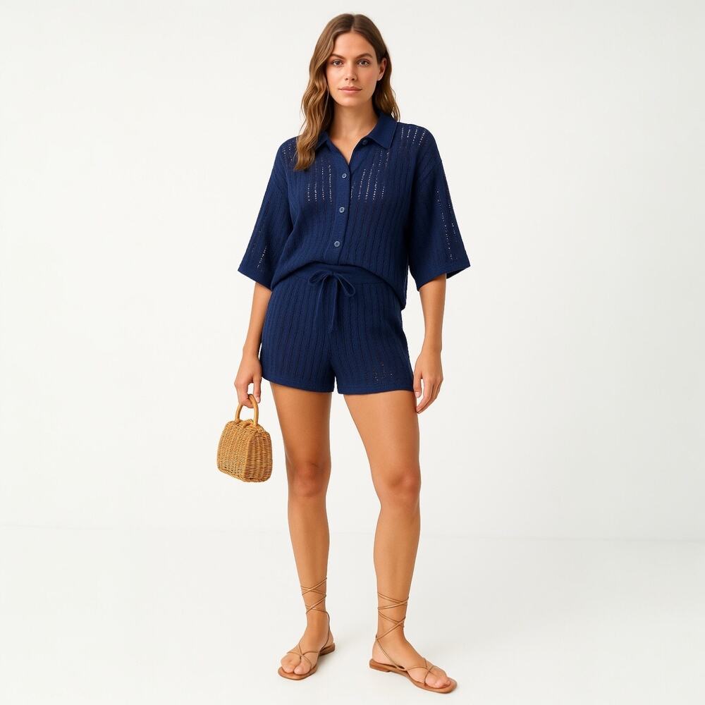 4th & Reckless Henrique Women's Blue Open Knit Beach Swim Cover Up Shirt Set L